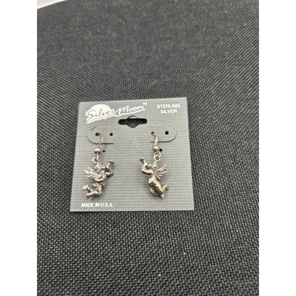 Silver Moon Sterling Silver Cherub Angel Trumpet Dangle Earrings Made in USA